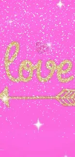 Pink wallpaper with glittery 'love' text and arrow design.