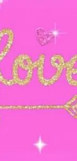 Pink glitter love wallpaper with a gold arrow.