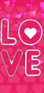 Pink wallpaper with the word LOVE and pink hearts.