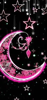 Pink crescent moon with stars on black background wallpaper.