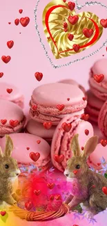 Whimsical pink macaron and bunny mobile wallpaper with a heart design.