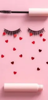 Pink wallpaper with makeup theme and heart decorations.