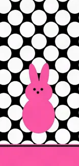 Pink bunny on black and white polka dot background wallpaper.