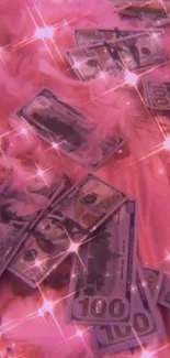 Pink money aesthetic wallpaper with cash and sparkles.