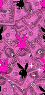 Pink money-themed wallpaper with bunny icons.