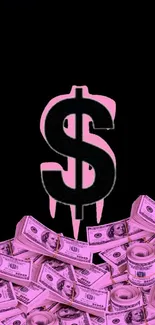 Pink dollar sign with money stacks wallpaper background.