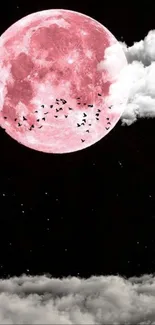 Pink moon with clouds and birds on a starry night sky wallpaper.