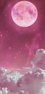 Enchanting pink moon and fluffy white clouds under a starry sky.