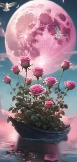 Roses afloat with a pink moon in the night sky.