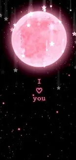 Beautiful pink moon with 'I love you' text and starry background wallpaper.