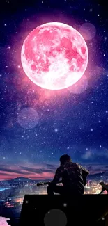 Silhouette with guitar under pink moon in starry night sky.