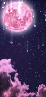 Pink moon and clouds in a dark, starry sky.