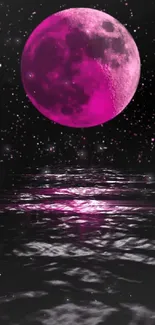 Pink moon reflecting over water with starry night background.