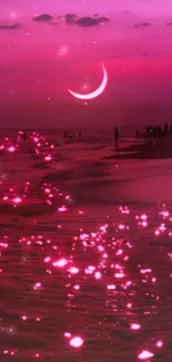 Pink moonlit ocean with crescent moon reflecting on water.