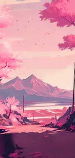 Serene pink mountain landscape with cherry blossoms.