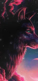 Pink neon wolf artwork with cosmic sky and crescent moon.