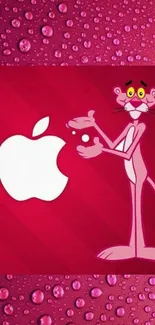 Pink Panther with Apple logo on pink background with water droplets.