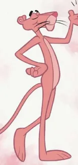 Pink Panther cartoon character in a classic pose on a pink background.