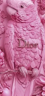 Pink parrot with floral design on wallpaper