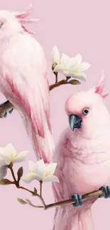 Illustration of pink parrots on branches with blossoms.