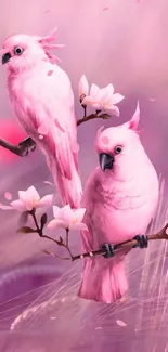 Two pink parrots perched on blossoming branches with floral accents.