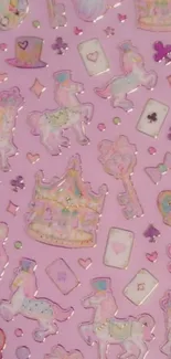 Pink pastel wallpaper with crowns and unicorns on a mobile screen.