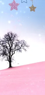 Whimsical wallpaper with tree and pink hill, adorned with stars.