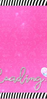 Vibrant pink wallpaper with damask pattern and 'Loading' text.