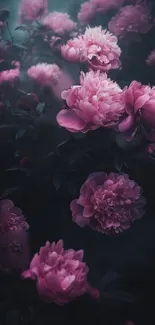 Blooming pink peonies in a serene, mystical dark setting.