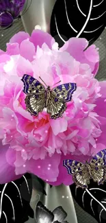 Pink peony with butterflies wallpaper.