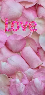 Mobile wallpaper with pink rose petals and 'love' text in coral.