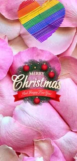 Pink petals and festive Christmas design mobile wallpaper.