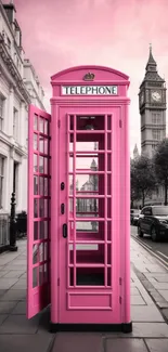 Pink phone booth with Big Ben in London