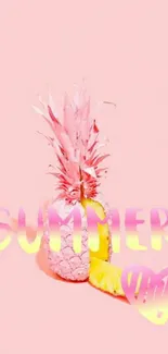 Pink pineapple with summer text on pastel background.