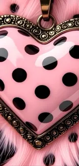 Pink polka dot heart with metal frame on fluffy background.