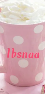 Pink polka dot mug with whipped cream wallpaper.