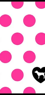 Pink polka dots with a heart and dog silhouette on a white background.