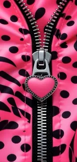 Pink heart zipper on polka dot fabric