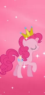 Pink pony with a crown on a vibrant pink background.