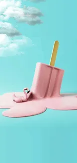 Melted pink popsicle with clouds on turquoise background.