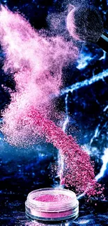 Pink powder splash with dark blue background.