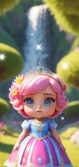 Cute princess doll in a magical forest with a waterfall background.