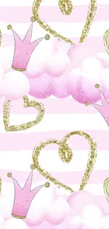 Pink wallpaper with gold hearts and crowns on a cloud background.