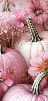 Pink pumpkins with floral decoration in a cozy wallpaper design.