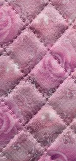 Pink quilted wallpaper with floral rose pattern.