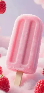 Pink raspberry popsicle surrounded by berries and clouds.