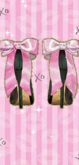 Pink ribbon high heels wallpaper with striped background.