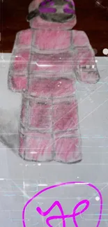 Hand-drawn pink robot with digital effects on wallpaper.