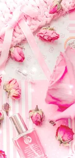 Aesthetic pink rose wallpaper with floral elements and perfume bottle.