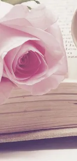 Pink rose laying on an open book, creating a romantic and elegant wallpaper.